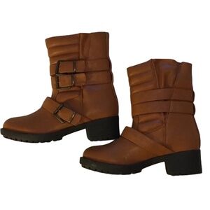 Light Brown, Tan Ankle Boots, Moto, Padded, Pull-On, Buckles, 2” Heel, 7.5, New!